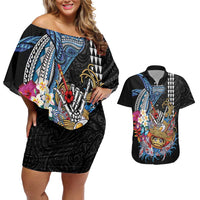 Personalized Japanese Koi Fish Ramen Couples Matching Off Shoulder Short Dress and Hawaiian Shirt Aloha Shark Kakau Pattern