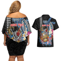 Personalized Japanese Koi Fish Ramen Couples Matching Off Shoulder Short Dress and Hawaiian Shirt Aloha Shark Kakau Pattern