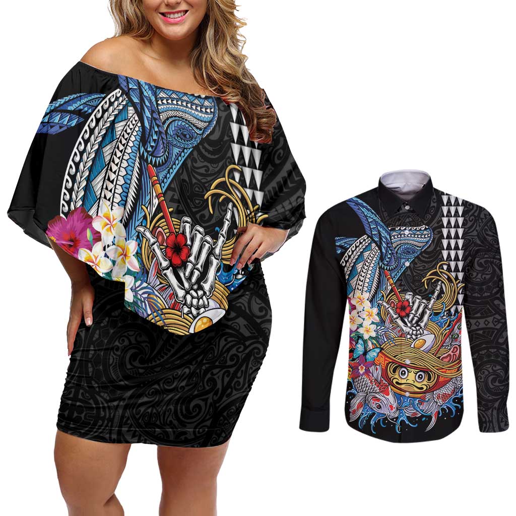 Personalized Japanese Koi Fish Ramen Couples Matching Off Shoulder Short Dress and Long Sleeve Button Shirt Aloha Shark Kakau Pattern