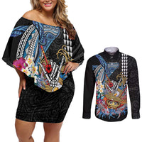 Personalized Japanese Koi Fish Ramen Couples Matching Off Shoulder Short Dress and Long Sleeve Button Shirt Aloha Shark Kakau Pattern