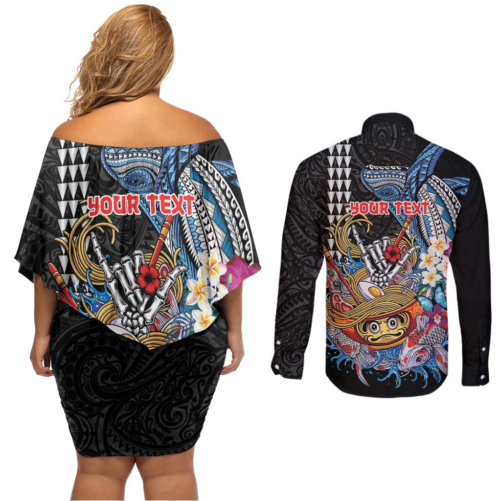 Personalized Japanese Koi Fish Ramen Couples Matching Off Shoulder Short Dress and Long Sleeve Button Shirt Aloha Shark Kakau Pattern