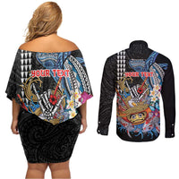 Personalized Japanese Koi Fish Ramen Couples Matching Off Shoulder Short Dress and Long Sleeve Button Shirt Aloha Shark Kakau Pattern