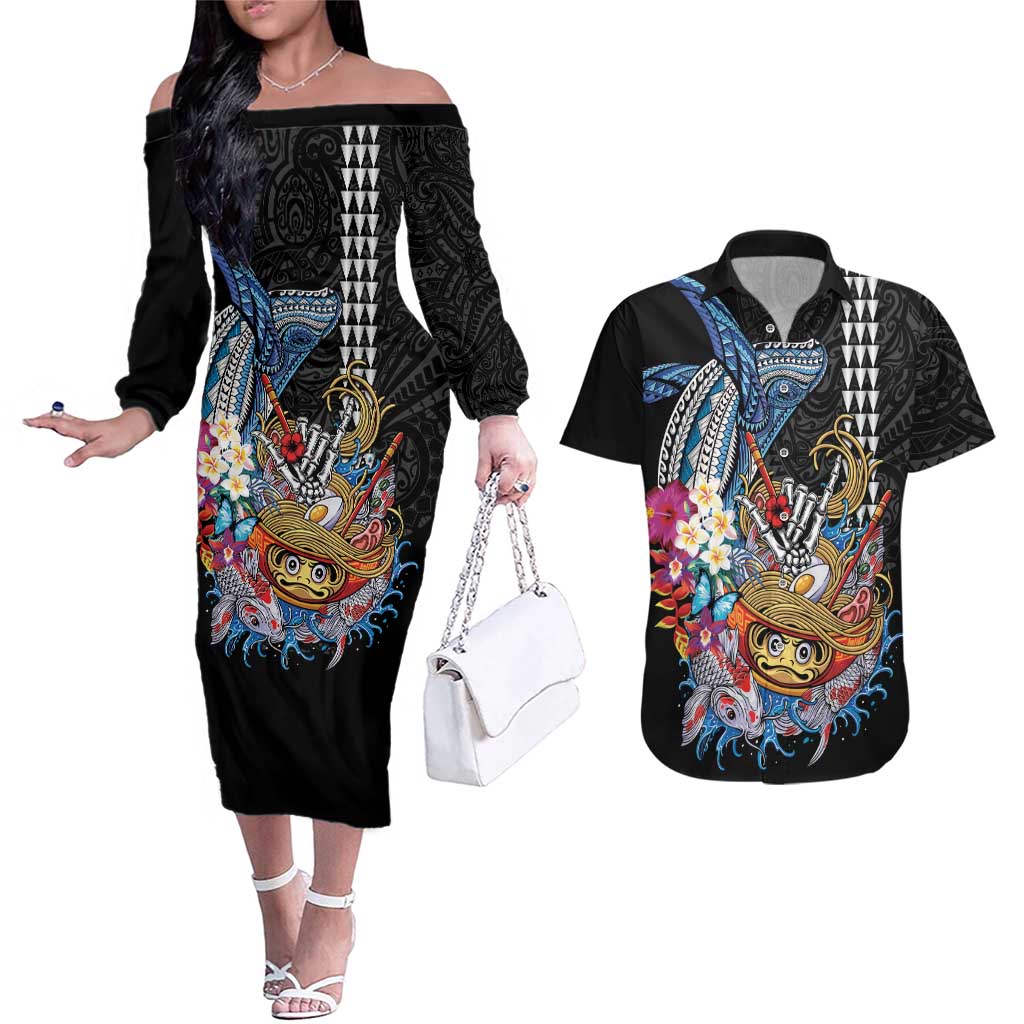 Personalized Japanese Koi Fish Ramen Couples Matching Off The Shoulder Long Sleeve Dress and Hawaiian Shirt Aloha Shark Kakau Pattern