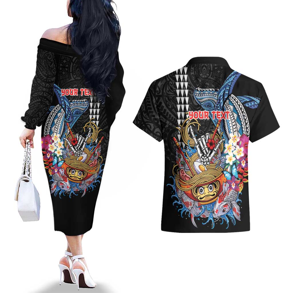 Personalized Japanese Koi Fish Ramen Couples Matching Off The Shoulder Long Sleeve Dress and Hawaiian Shirt Aloha Shark Kakau Pattern