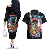 Personalized Japanese Koi Fish Ramen Couples Matching Off The Shoulder Long Sleeve Dress and Hawaiian Shirt Aloha Shark Kakau Pattern