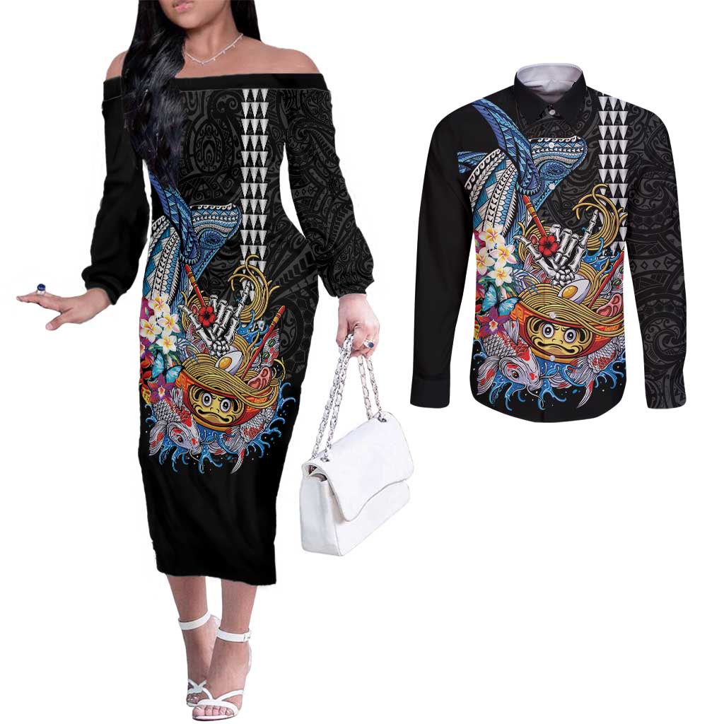 Personalized Japanese Koi Fish Ramen Couples Matching Off The Shoulder Long Sleeve Dress and Long Sleeve Button Shirt Aloha Shark Kakau Pattern