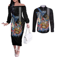 Personalized Japanese Koi Fish Ramen Couples Matching Off The Shoulder Long Sleeve Dress and Long Sleeve Button Shirt Aloha Shark Kakau Pattern