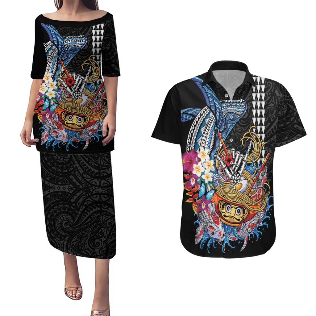 Personalized Japanese Koi Fish Ramen Couples Matching Puletasi and Hawaiian Shirt Aloha Shark Kakau Pattern