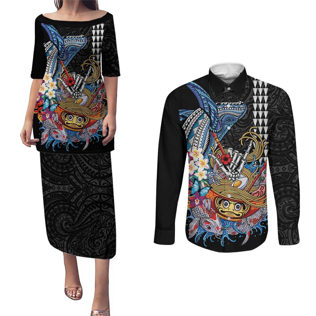 Personalized Japanese Koi Fish Ramen Couples Matching Puletasi and Long Sleeve Button Shirt Aloha Shark Kakau Pattern