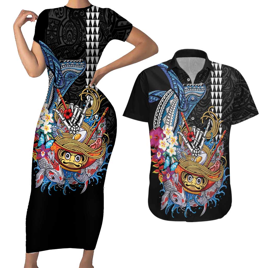 Personalized Japanese Koi Fish Ramen Couples Matching Short Sleeve Bodycon Dress and Hawaiian Shirt Aloha Shark Kakau Pattern