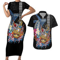 Personalized Japanese Koi Fish Ramen Couples Matching Short Sleeve Bodycon Dress and Hawaiian Shirt Aloha Shark Kakau Pattern