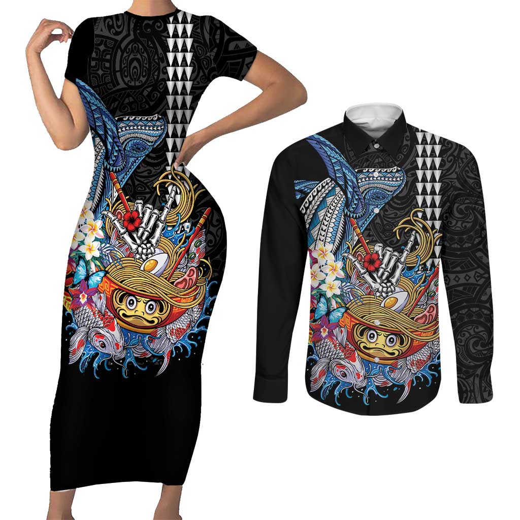 Personalized Japanese Koi Fish Ramen Couples Matching Short Sleeve Bodycon Dress and Long Sleeve Button Shirt Aloha Shark Kakau Pattern