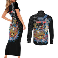 Personalized Japanese Koi Fish Ramen Couples Matching Short Sleeve Bodycon Dress and Long Sleeve Button Shirt Aloha Shark Kakau Pattern