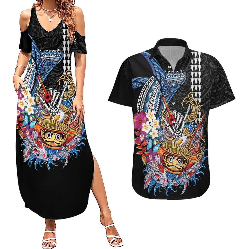 Personalized Japanese Koi Fish Ramen Couples Matching Summer Maxi Dress and Hawaiian Shirt Aloha Shark Kakau Pattern