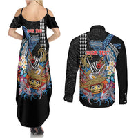 Personalized Japanese Koi Fish Ramen Couples Matching Summer Maxi Dress and Long Sleeve Button Shirt Aloha Shark Kakau Pattern