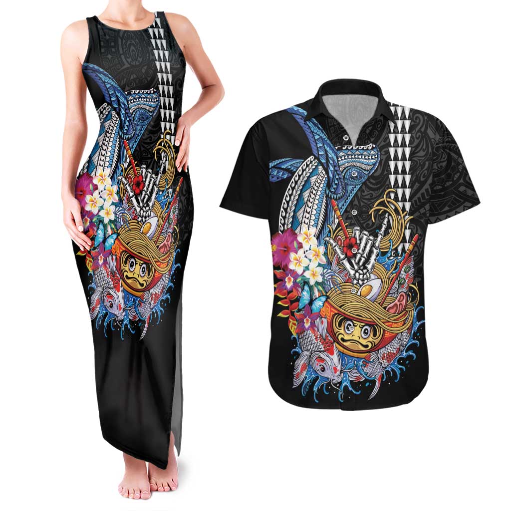 Personalized Japanese Koi Fish Ramen Couples Matching Tank Maxi Dress and Hawaiian Shirt Aloha Shark Kakau Pattern