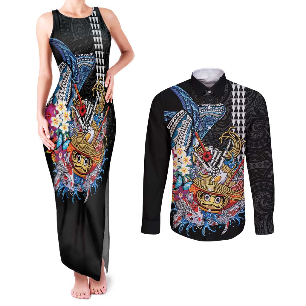 Personalized Japanese Koi Fish Ramen Couples Matching Tank Maxi Dress and Long Sleeve Button Shirt Aloha Shark Kakau Pattern