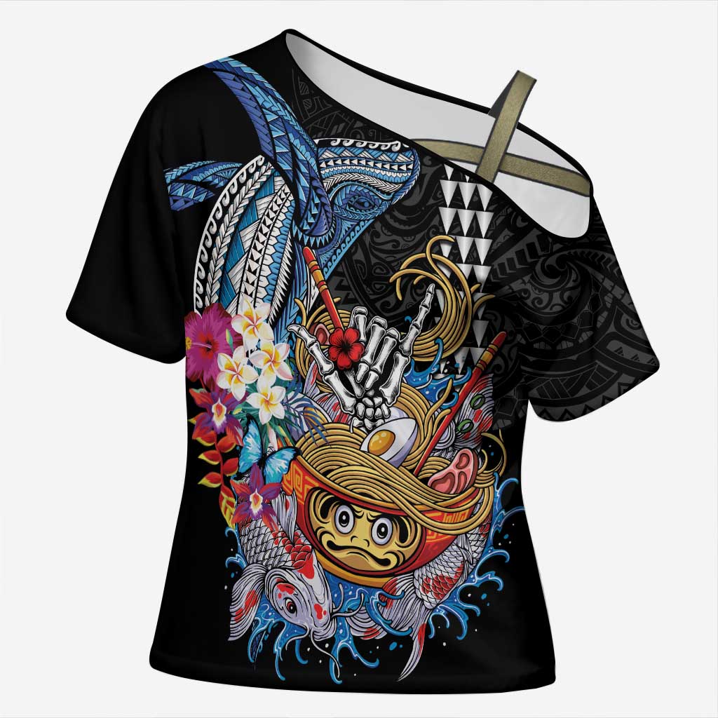 Personalized Japanese Koi Fish Ramen Cross Shoulder Shirt Aloha Shark Kakau Pattern LT9 Female Black - Polynesian Pride