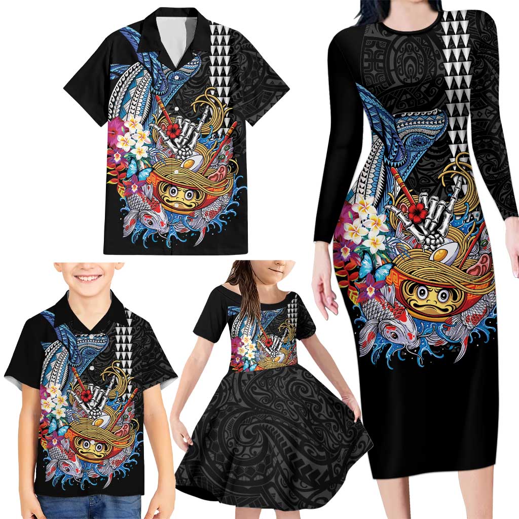 Personalized Japanese Koi Fish Ramen Family Matching Long Sleeve Bodycon Dress and Hawaiian Shirt Aloha Shark Kakau Pattern