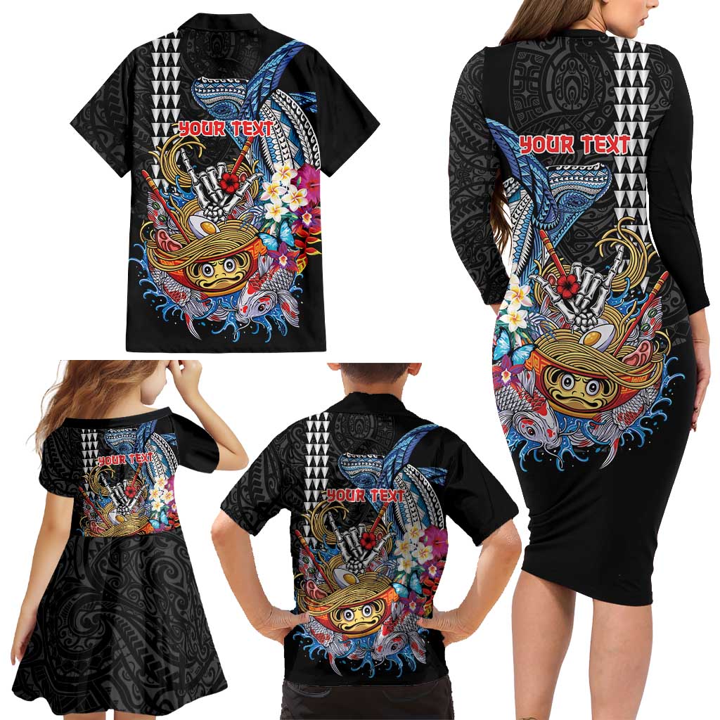 Personalized Japanese Koi Fish Ramen Family Matching Long Sleeve Bodycon Dress and Hawaiian Shirt Aloha Shark Kakau Pattern
