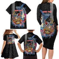 Personalized Japanese Koi Fish Ramen Family Matching Long Sleeve Bodycon Dress and Hawaiian Shirt Aloha Shark Kakau Pattern