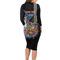 Personalized Japanese Koi Fish Ramen Family Matching Long Sleeve Bodycon Dress and Hawaiian Shirt Aloha Shark Kakau Pattern