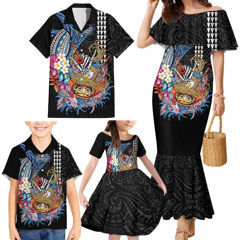 Personalized Japanese Koi Fish Ramen Family Matching Mermaid Dress and Hawaiian Shirt Aloha Shark Kakau Pattern