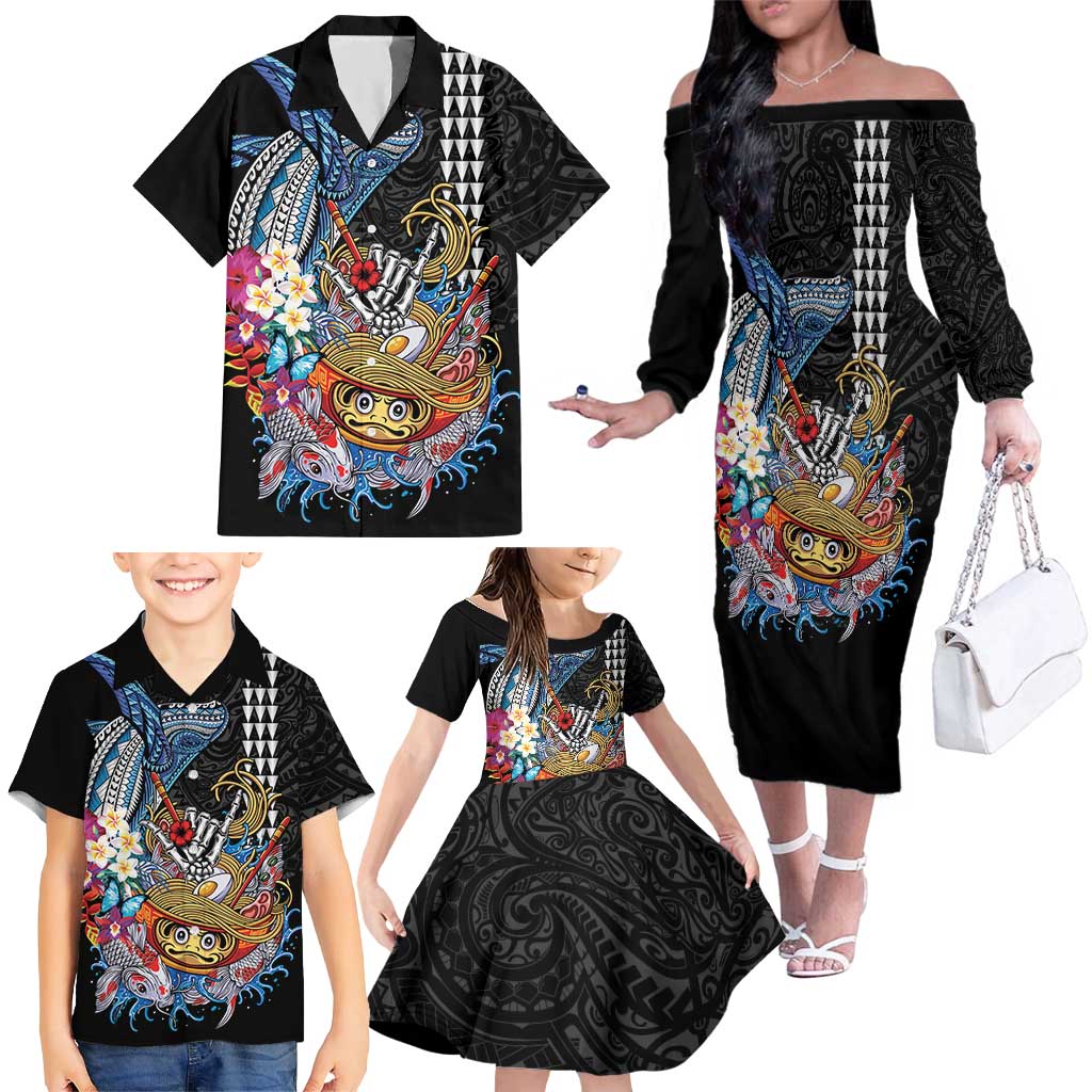 Personalized Japanese Koi Fish Ramen Family Matching Off The Shoulder Long Sleeve Dress and Hawaiian Shirt Aloha Shark Kakau Pattern