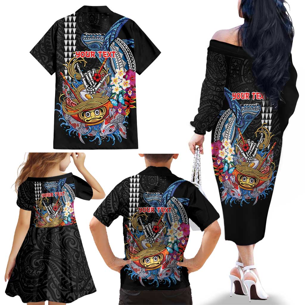 Personalized Japanese Koi Fish Ramen Family Matching Off The Shoulder Long Sleeve Dress and Hawaiian Shirt Aloha Shark Kakau Pattern