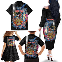 Personalized Japanese Koi Fish Ramen Family Matching Off The Shoulder Long Sleeve Dress and Hawaiian Shirt Aloha Shark Kakau Pattern