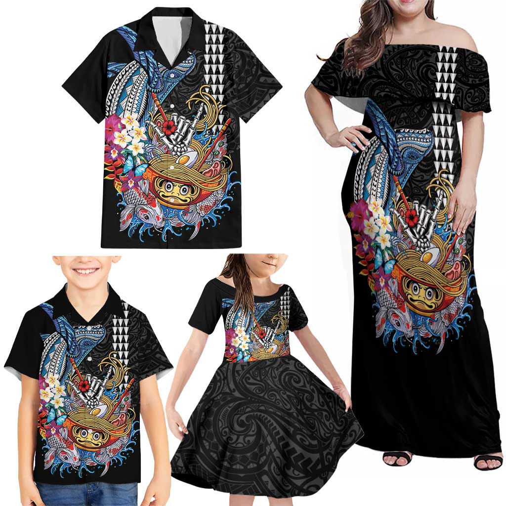 Personalized Japanese Koi Fish Ramen Family Matching Off Shoulder Maxi Dress and Hawaiian Shirt Aloha Shark Kakau Pattern