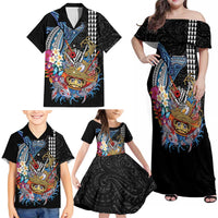 Personalized Japanese Koi Fish Ramen Family Matching Off Shoulder Maxi Dress and Hawaiian Shirt Aloha Shark Kakau Pattern