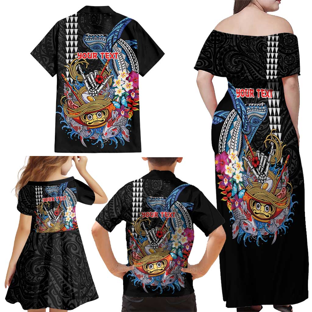 Personalized Japanese Koi Fish Ramen Family Matching Off Shoulder Maxi Dress and Hawaiian Shirt Aloha Shark Kakau Pattern