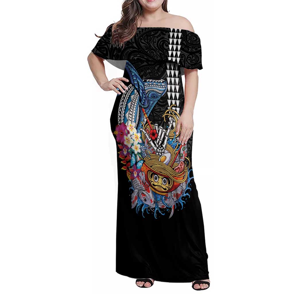 Personalized Japanese Koi Fish Ramen Family Matching Off Shoulder Maxi Dress and Hawaiian Shirt Aloha Shark Kakau Pattern