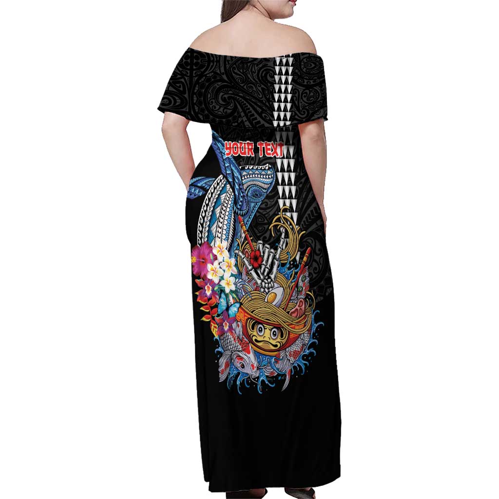 Personalized Japanese Koi Fish Ramen Family Matching Off Shoulder Maxi Dress and Hawaiian Shirt Aloha Shark Kakau Pattern