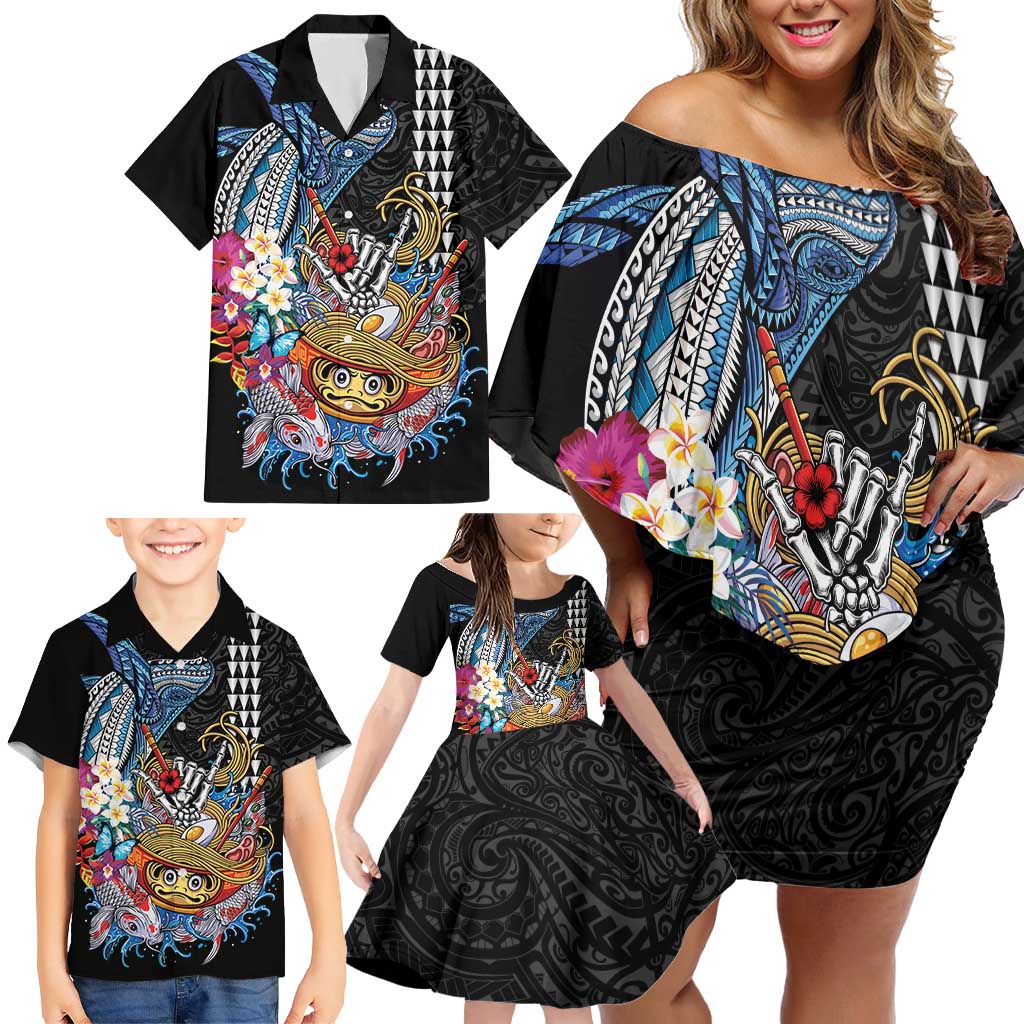 Personalized Japanese Koi Fish Ramen Family Matching Off Shoulder Short Dress and Hawaiian Shirt Aloha Shark Kakau Pattern