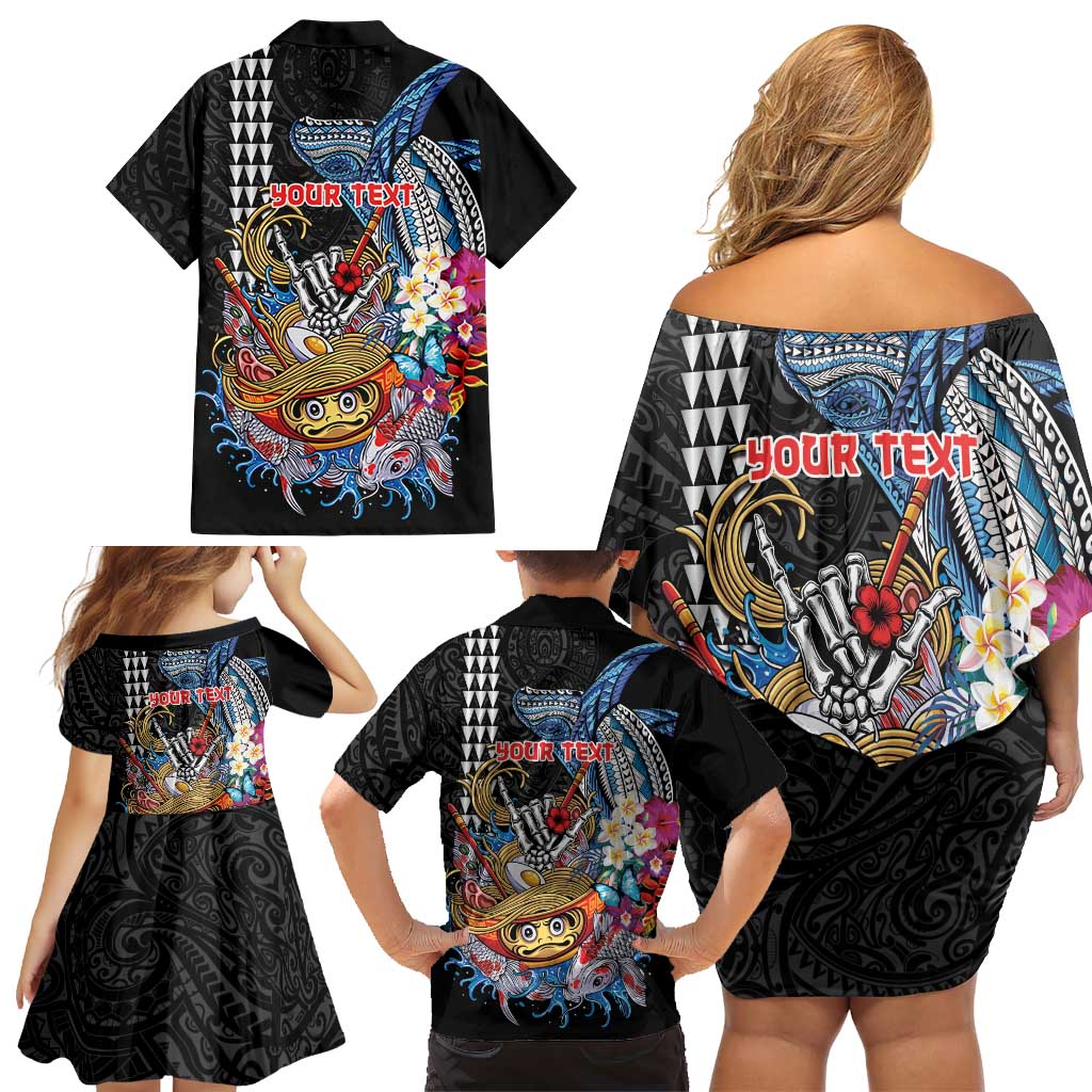 Personalized Japanese Koi Fish Ramen Family Matching Off Shoulder Short Dress and Hawaiian Shirt Aloha Shark Kakau Pattern
