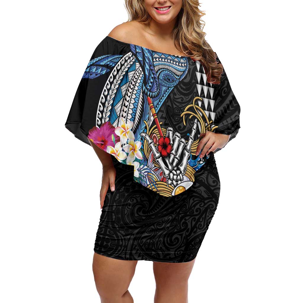 Personalized Japanese Koi Fish Ramen Family Matching Off Shoulder Short Dress and Hawaiian Shirt Aloha Shark Kakau Pattern