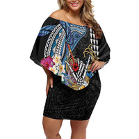 Personalized Japanese Koi Fish Ramen Family Matching Off Shoulder Short Dress and Hawaiian Shirt Aloha Shark Kakau Pattern