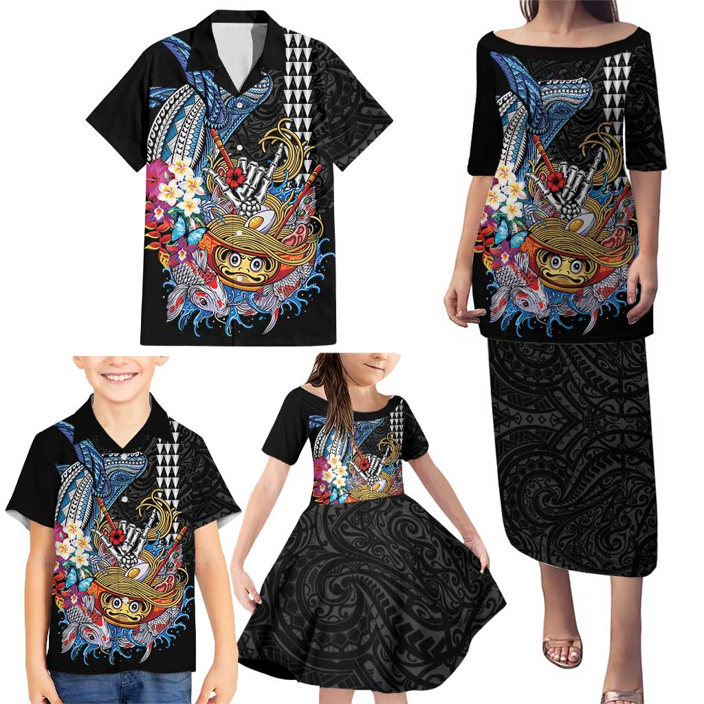 Personalized Japanese Koi Fish Ramen Family Matching Puletasi and Hawaiian Shirt Aloha Shark Kakau Pattern
