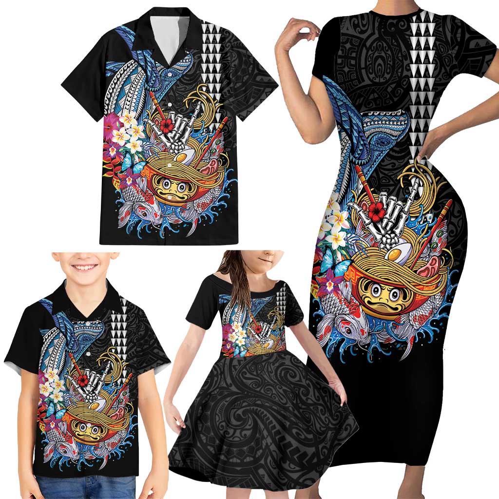 Personalized Japanese Koi Fish Ramen Family Matching Short Sleeve Bodycon Dress and Hawaiian Shirt Aloha Shark Kakau Pattern