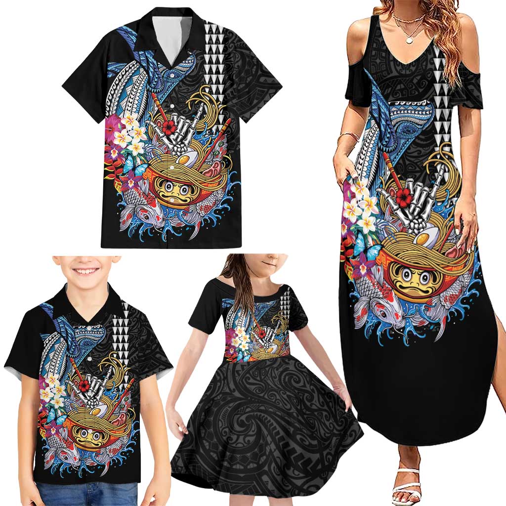 Personalized Japanese Koi Fish Ramen Family Matching Summer Maxi Dress and Hawaiian Shirt Aloha Shark Kakau Pattern