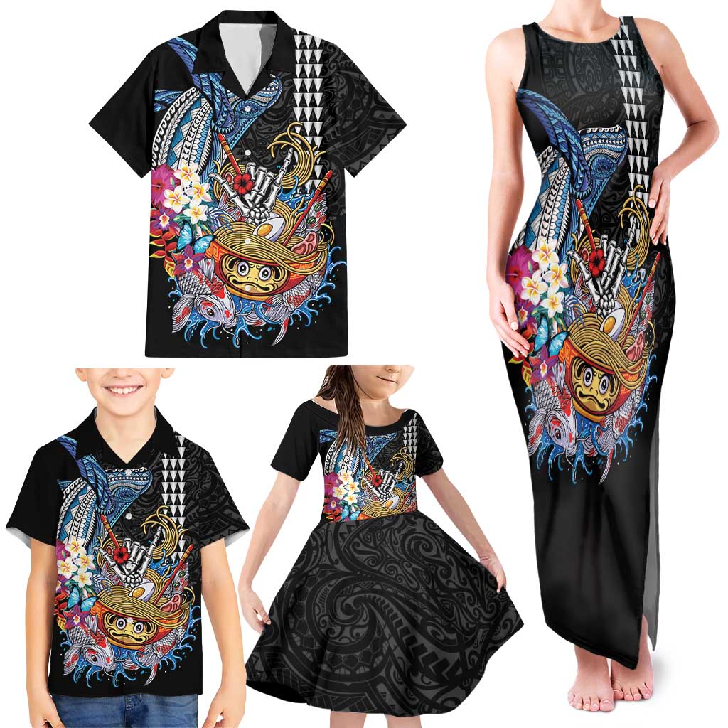 Personalized Japanese Koi Fish Ramen Family Matching Tank Maxi Dress and Hawaiian Shirt Aloha Shark Kakau Pattern