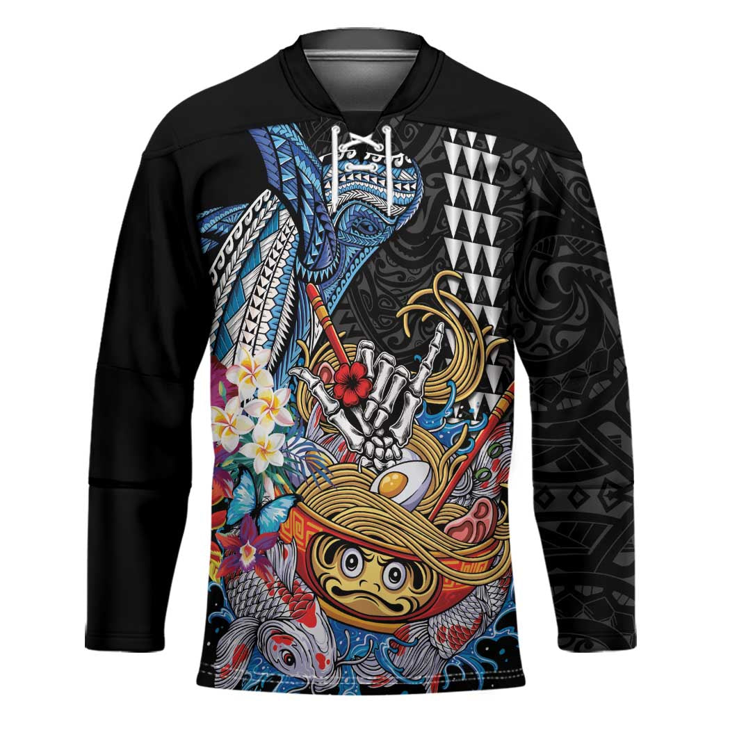 Personalized Japanese Koi Fish Ramen Hockey Jersey Aloha Shark Kakau Pattern LT9 Unisex Black - Polynesian Pride