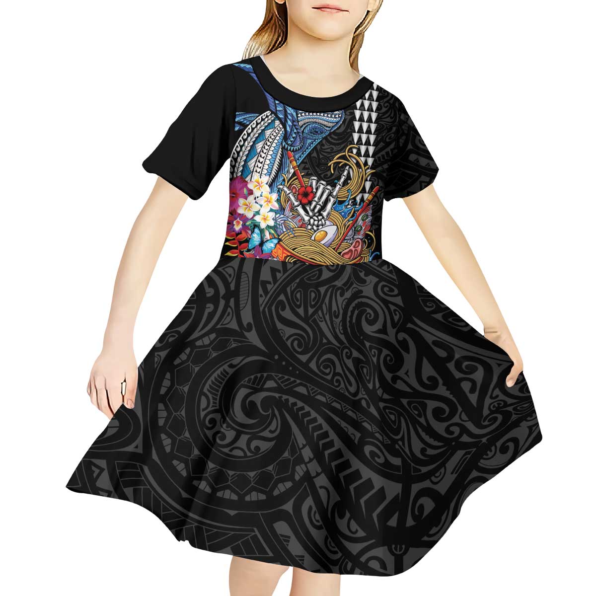 Personalized Japanese Koi Fish Ramen Kid Short Sleeve Dress Aloha Shark Kakau Pattern