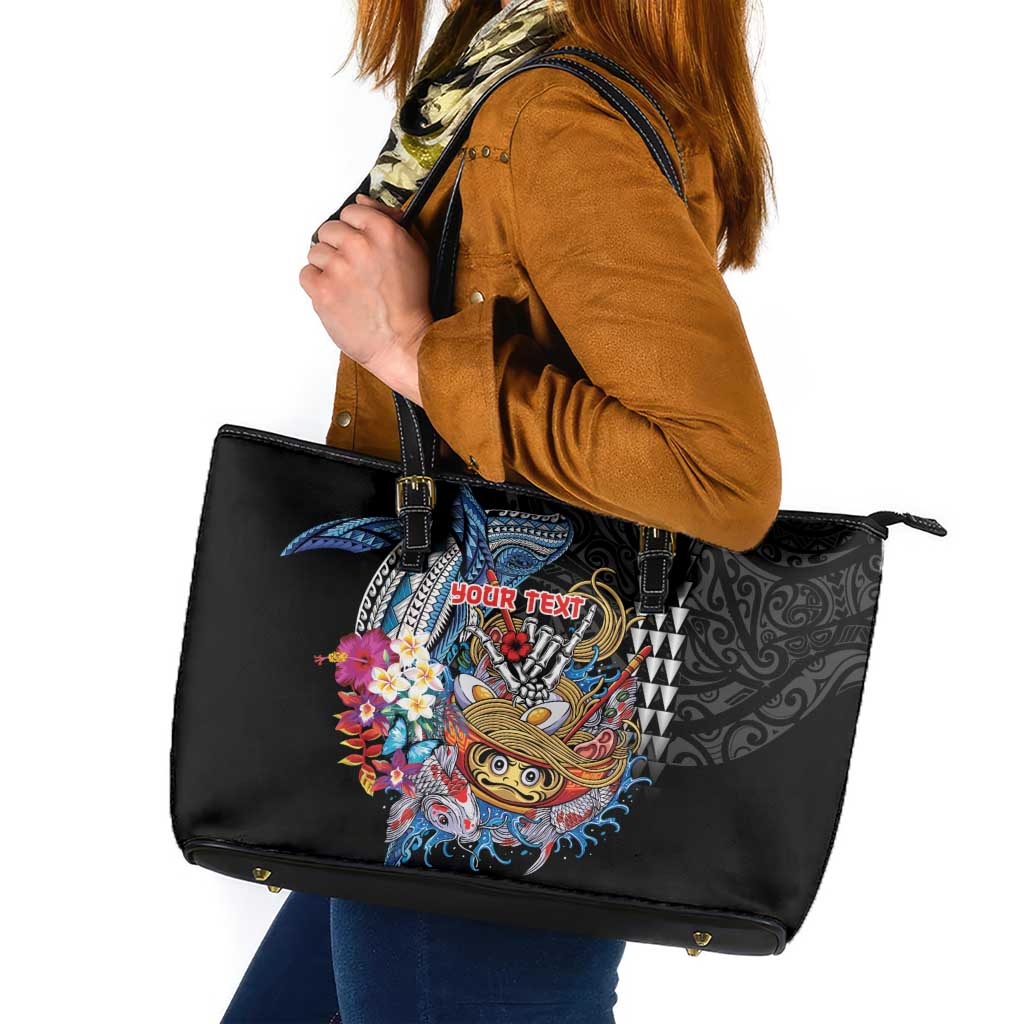 Personalized Japanese Koi Fish Ramen Leather Tote Bag Aloha Shark Kakau Pattern