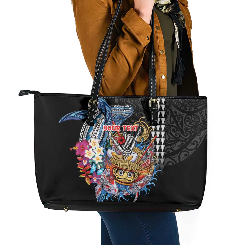Personalized Japanese Koi Fish Ramen Leather Tote Bag Aloha Shark Kakau Pattern