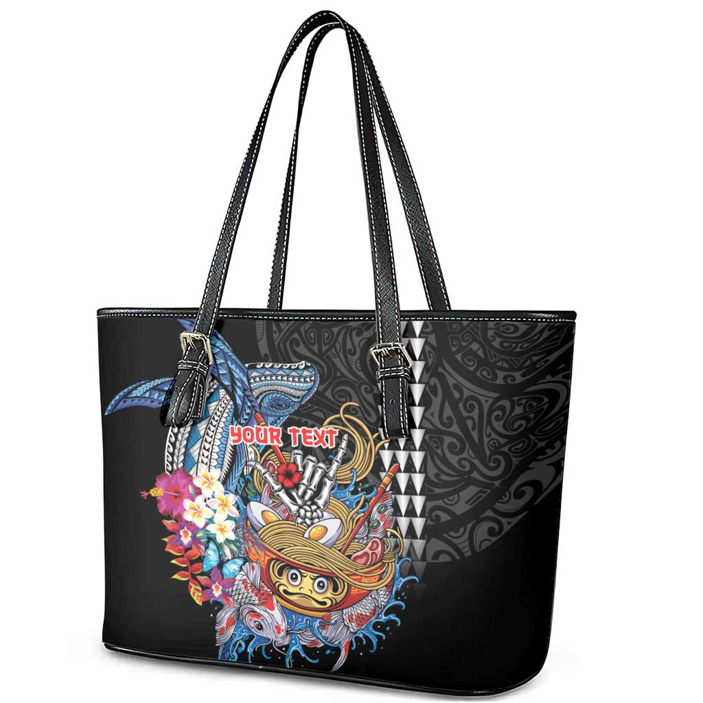 Personalized Japanese Koi Fish Ramen Leather Tote Bag Aloha Shark Kakau Pattern