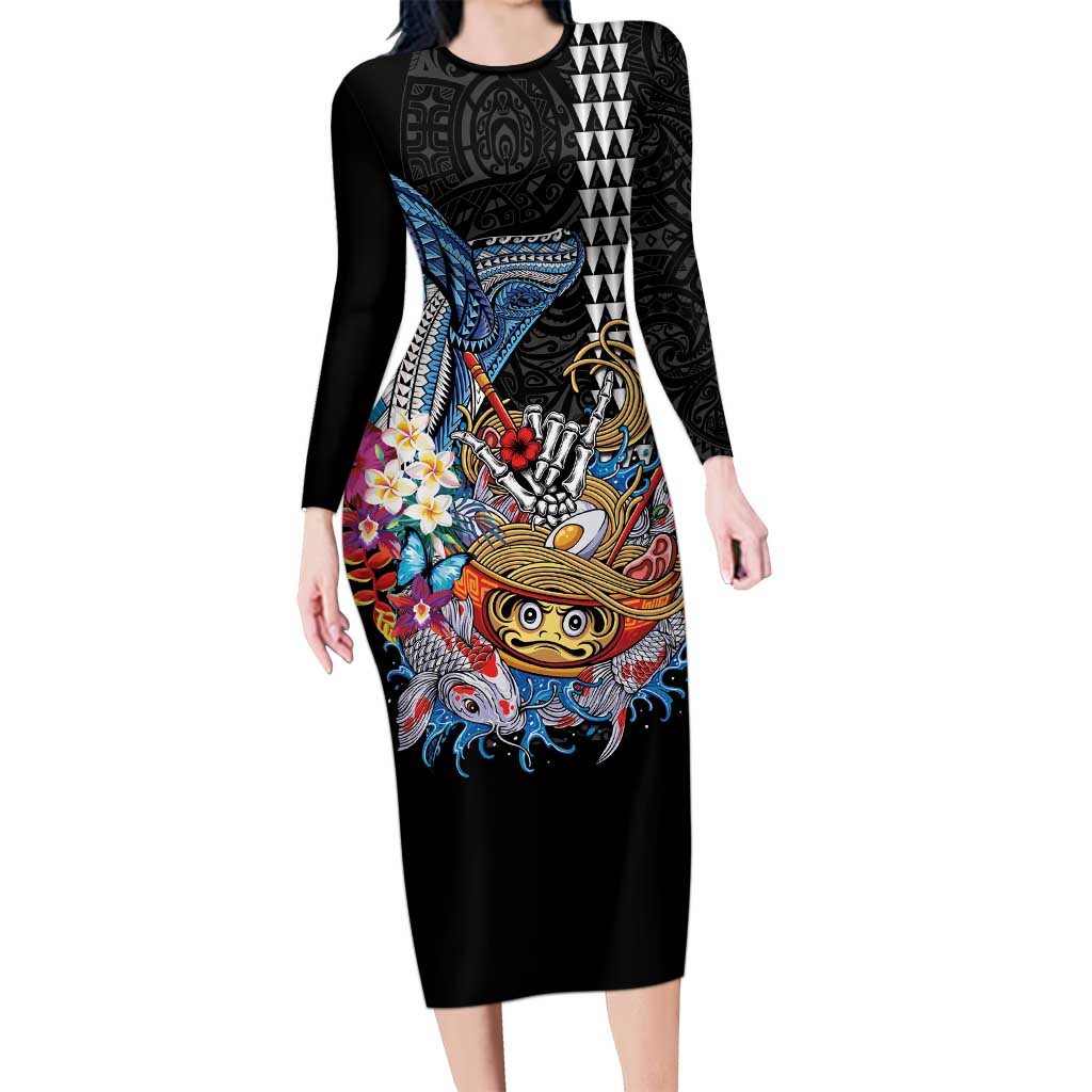 Personalized Japanese Koi Fish Ramen Long Sleeve Bodycon Dress Aloha Shark Kakau Pattern LT9 Long Dress Black - Polynesian Pride