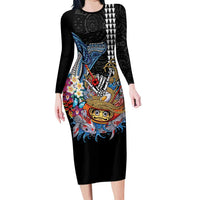 Personalized Japanese Koi Fish Ramen Long Sleeve Bodycon Dress Aloha Shark Kakau Pattern LT9 Long Dress Black - Polynesian Pride